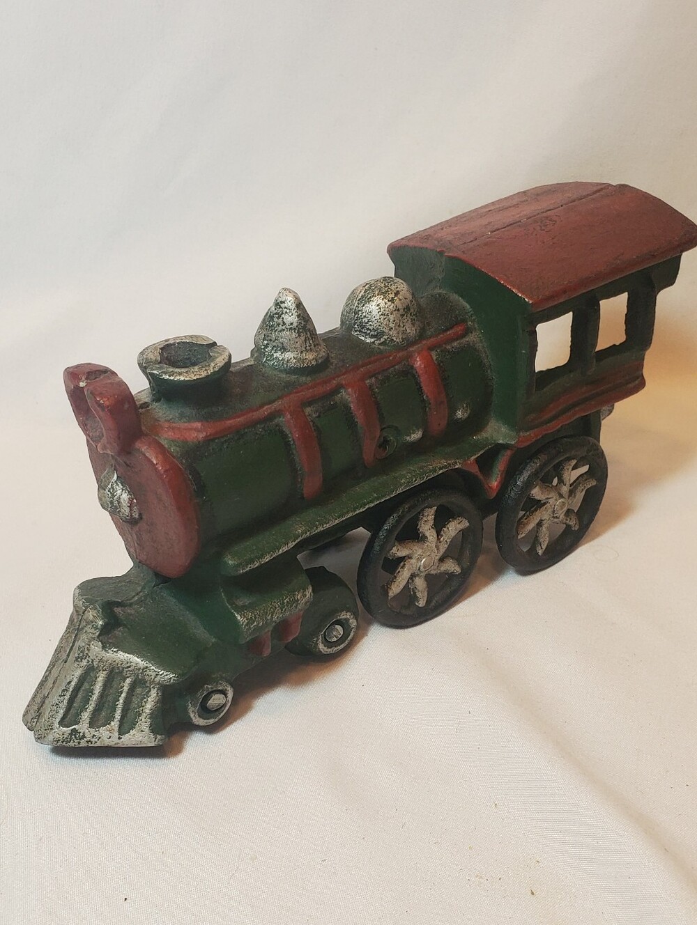 Cast Iron Vintage Steam Engine Locomotive Green Red Train Figurine Paperweight